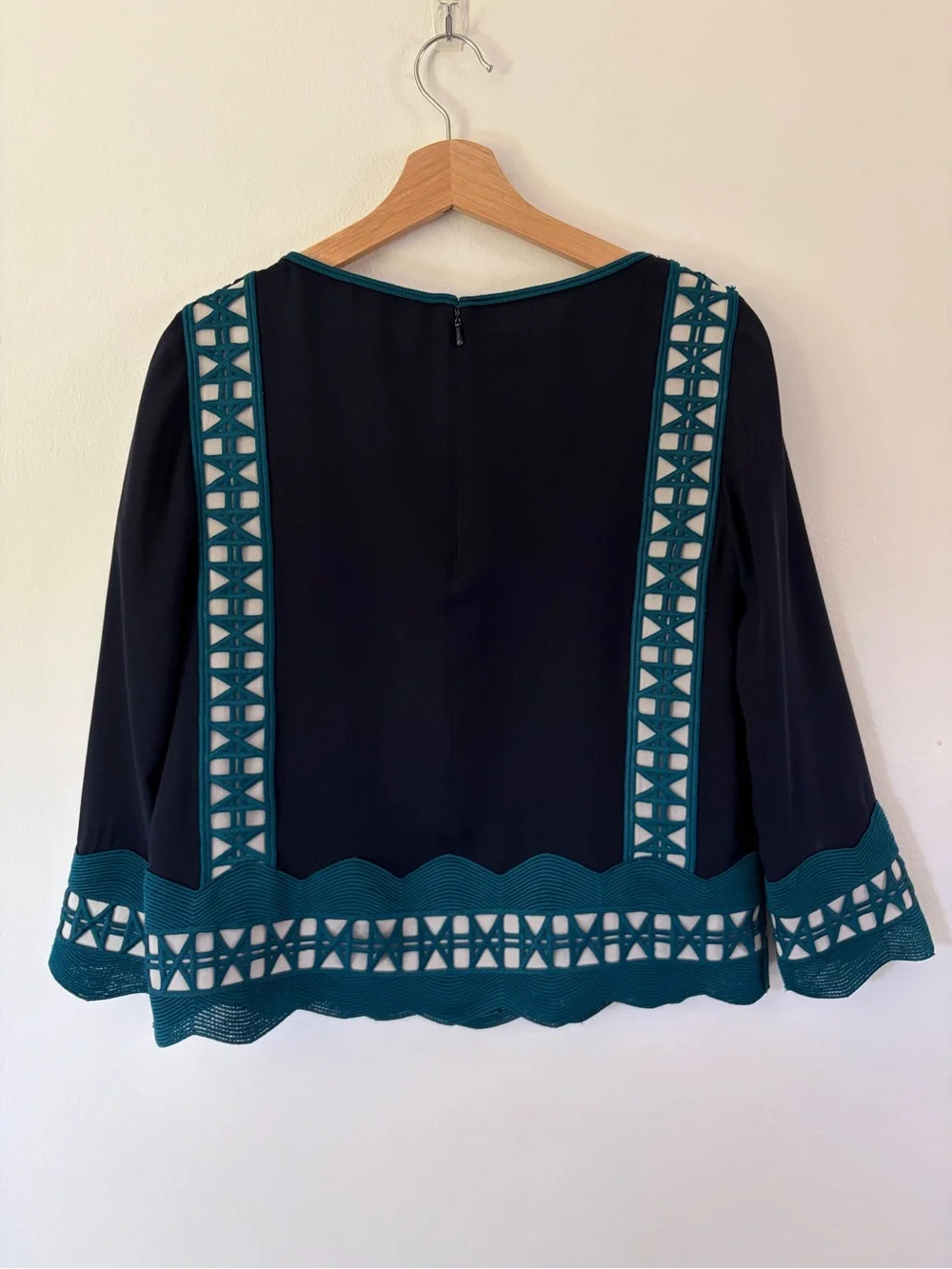 Tory Burch Germaine Boat Neck Embroidered Navy Blue & Teal Long Sleeve Silk Top
